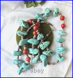 Vintage Native American Turquoise Heishi Spiny Oyster beads Necklace 28L