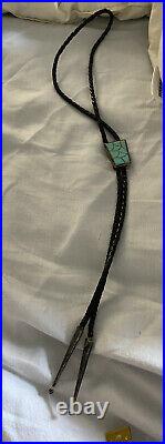 Vintage Native American Turquoise Inlay Sterling Silver Bolo Tie