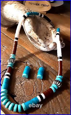 Vintage Native American Turquoise, Multi-stone Heishi 925 Necklace & Earrings