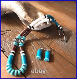 Vintage Native American Turquoise, Multi-stone Heishi 925 Necklace & Earrings