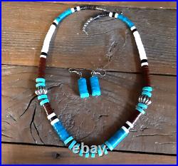 Vintage Native American Turquoise, Multi-stone Heishi 925 Necklace & Earrings