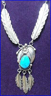 Vintage Native American Turquoise Navajo Silver Feathers Necklace