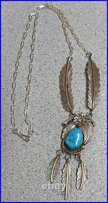Vintage Native American Turquoise Navajo Silver Feathers Necklace
