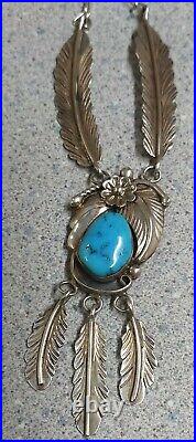 Vintage Native American Turquoise Navajo Silver Feathers Necklace