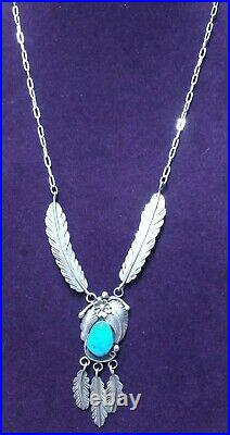 Vintage Native American Turquoise Navajo Silver Feathers Necklace