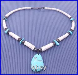 Vintage Native American Turquoise Shell Silver Beaded Pendant Necklace 17