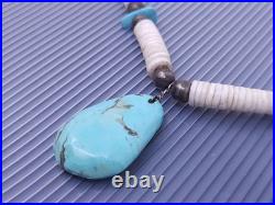 Vintage Native American Turquoise Shell Silver Beaded Pendant Necklace 17