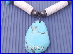 Vintage Native American Turquoise Shell Silver Beaded Pendant Necklace 17