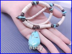 Vintage Native American Turquoise Shell Silver Beaded Pendant Necklace 17
