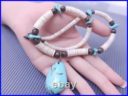 Vintage Native American Turquoise Shell Silver Beaded Pendant Necklace 17