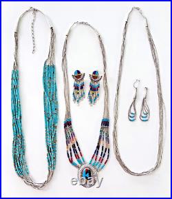 Vintage Native American Turquoise Sterling Inlay Necklaces Earrings Sets 1970's