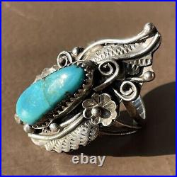 Vintage Native American Turquoise Sterling Silver Floral & Leaf Statement Ring