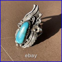 Vintage Native American Turquoise Sterling Silver Floral & Leaf Statement Ring