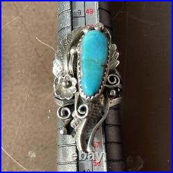 Vintage Native American Turquoise Sterling Silver Floral & Leaf Statement Ring