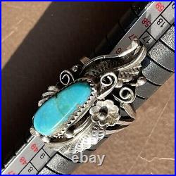 Vintage Native American Turquoise Sterling Silver Floral & Leaf Statement Ring