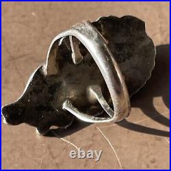 Vintage Native American Turquoise Sterling Silver Floral & Leaf Statement Ring