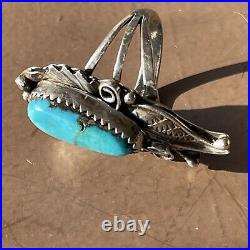 Vintage Native American Turquoise Sterling Silver Floral & Leaf Statement Ring