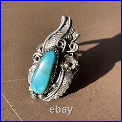 Vintage Native American Turquoise Sterling Silver Floral & Leaf Statement Ring