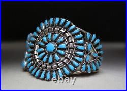 Vintage Native American Turquoise Sterling Silver Petit Point Cuff Bracelet