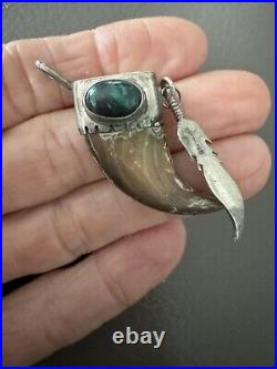 Vintage Native American Turquoise Sterling Silver Replica Bear Claw Pendant