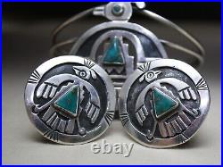 Vintage Native American Turquoise Sterling Thunderbird Cuff Bracelet & Earrings