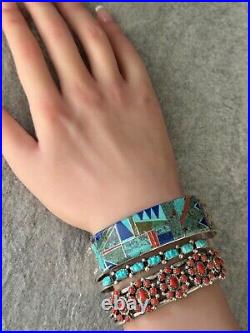 Vintage Native American ZUNI Carved Turquoise Sterling silver Bracelet
