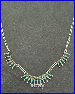Vintage Native American ZUNI Needlepoint Turquoise Sterling Silver necklace 17