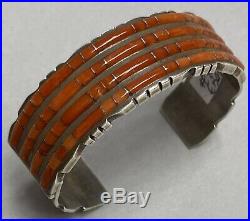 Vintage Native American ZUNI Sterling Silver Red Coral Inlay Cuff Bracelet NICE