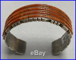 Vintage Native American ZUNI Sterling Silver Red Coral Inlay Cuff Bracelet NICE