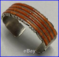 Vintage Native American ZUNI Sterling Silver Red Coral Inlay Cuff Bracelet NICE