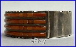 Vintage Native American ZUNI Sterling Silver Red Coral Inlay Cuff Bracelet NICE