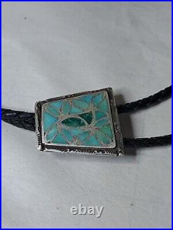 Vintage Native American Zuni Blue Gem Turquoise Inlay Sterling Silver