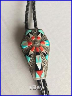 Vintage Native American Zuni Bolo Tie Sterling Silver Signed D. Clark