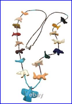 Vintage Native American Zuni Hand-Carved Agate Animal Fetish Necklace 28 Long W
