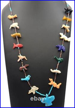 Vintage Native American Zuni Hand-Carved Agate Animal Fetish Necklace 28 Long W