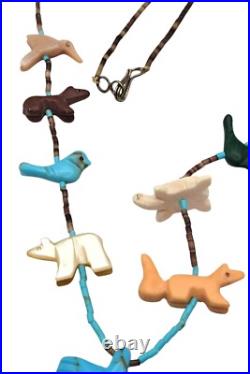 Vintage Native American Zuni Hand-Carved Agate Animal Fetish Necklace 28 Long W