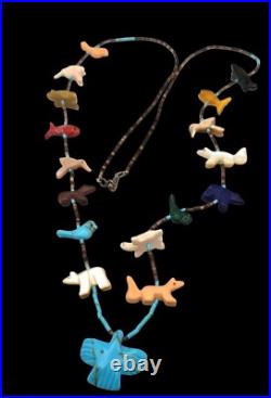 Vintage Native American Zuni Hand-Carved Agate Animal Fetish Necklace 28 Long W