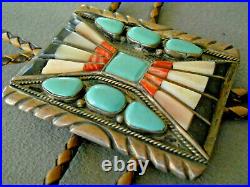 Vintage Native American Zuni Multi-Stone Raised Inlay Sterling Silver Bolo Tie