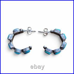 Vintage Native American Zuni Needlepoint Turquoise Half Hoop Earrings