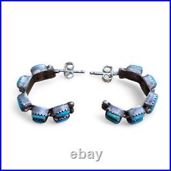 Vintage Native American Zuni Needlepoint Turquoise Half Hoop Earrings