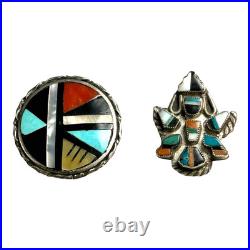 Vintage Native American Zuni Sterling Silver Inlay Sunface & Kachina Pins