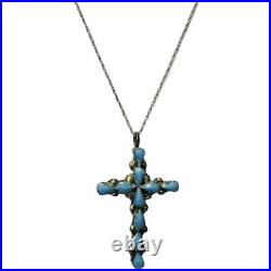 Vintage Native American Zuni Sterling Silver Turquoise Cross Pendant Necklace