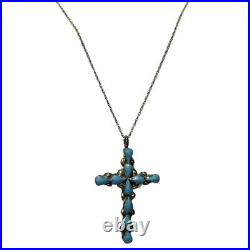 Vintage Native American Zuni Sterling Silver Turquoise Cross Pendant Necklace