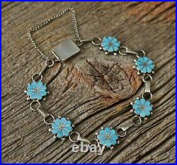 Vintage Native American Zuni Sterling Silver Turquoise Link Bracelet