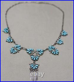 Vintage Native American Zuni Sterling Silver Turquoise Petit Point Necklace