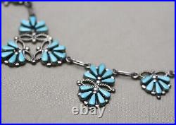 Vintage Native American Zuni Sterling Silver Turquoise Petit Point Necklace