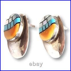 Vintage Native American Zuni Sterling Turquoise Spiny Oyster MOP Inlay Earrings