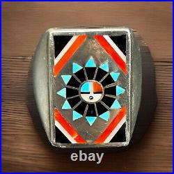 Vintage Native American Zuni Sun Face Inlay Sterling Silver Men's Ring Size 11