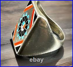 Vintage Native American Zuni Sun Face Inlay Sterling Silver Men's Ring Size 11