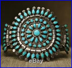 Vintage Native American Zuni Turquoise Sterling Cluster Cuff Bracelet Large Size